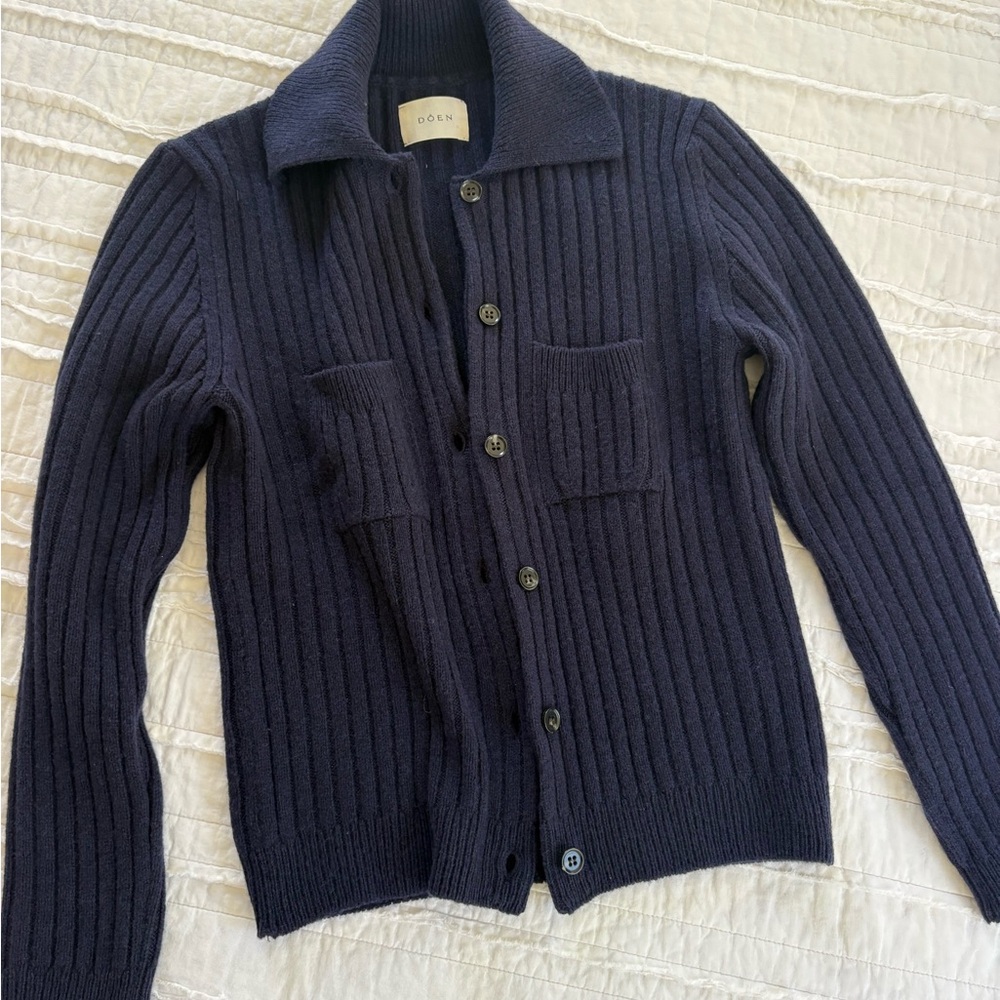Doen Navy Ribbed Cashmere Cardigan Sweater